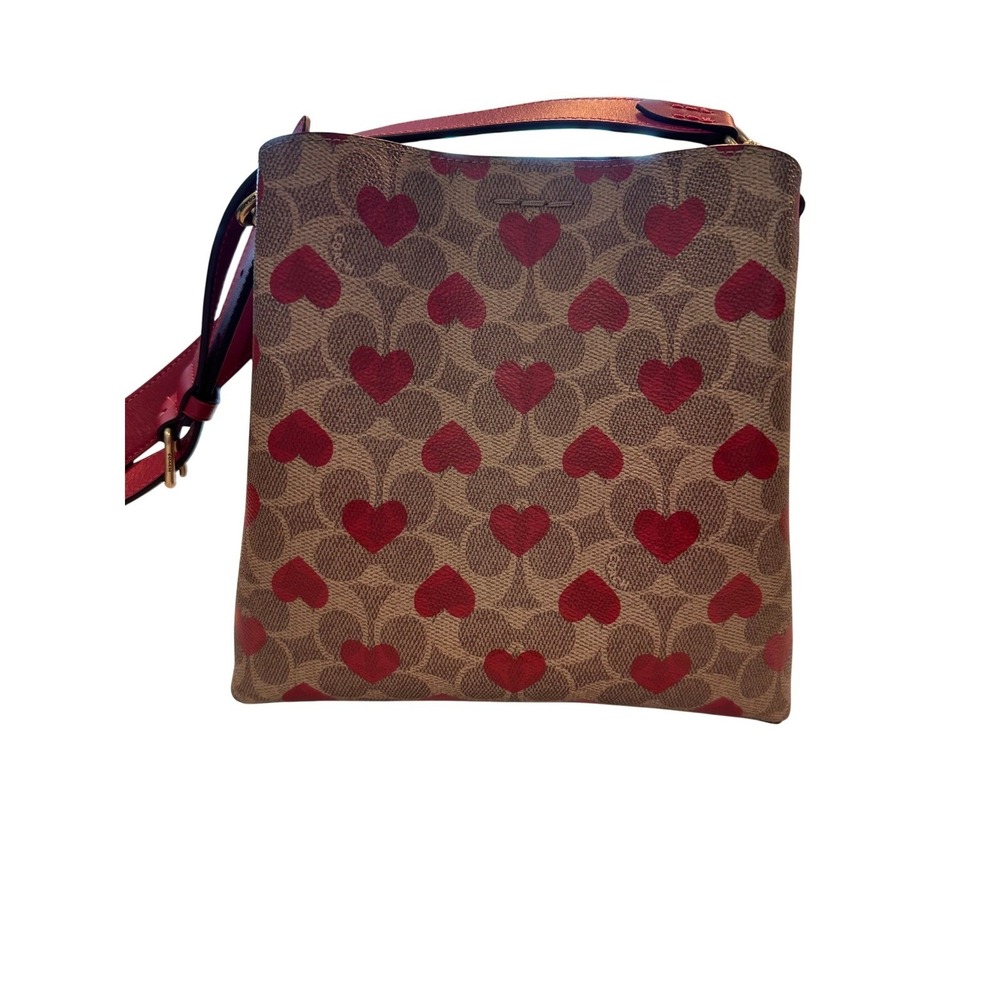 Coach Willow Bucket Bag Signature Canvas Heart Print Tan Red Crossbody‎ C8305